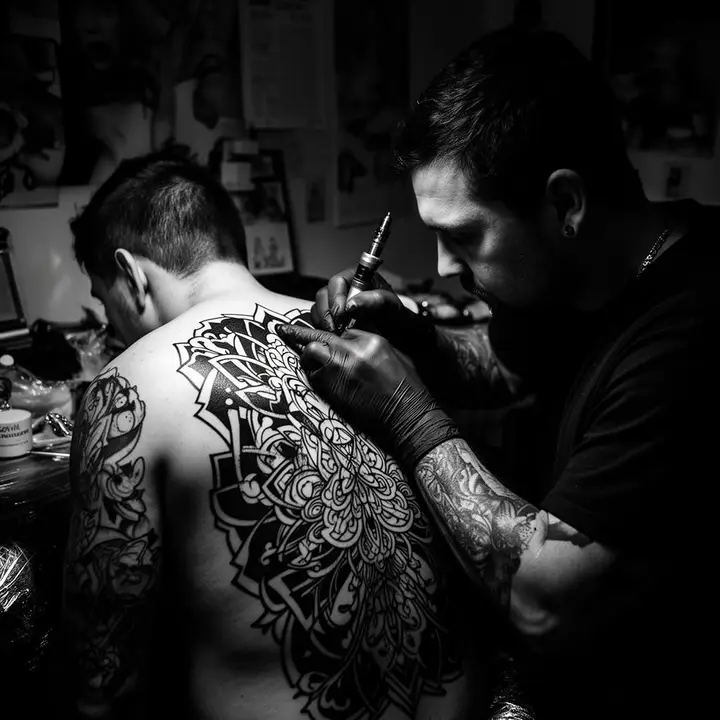 Xavier tatuando em seu estúdio